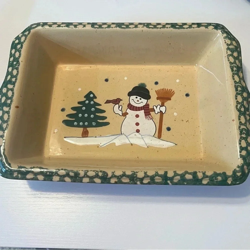 Vintage Casserole‎ Dish Country Snowman Stoneware Spongeware Bakeware